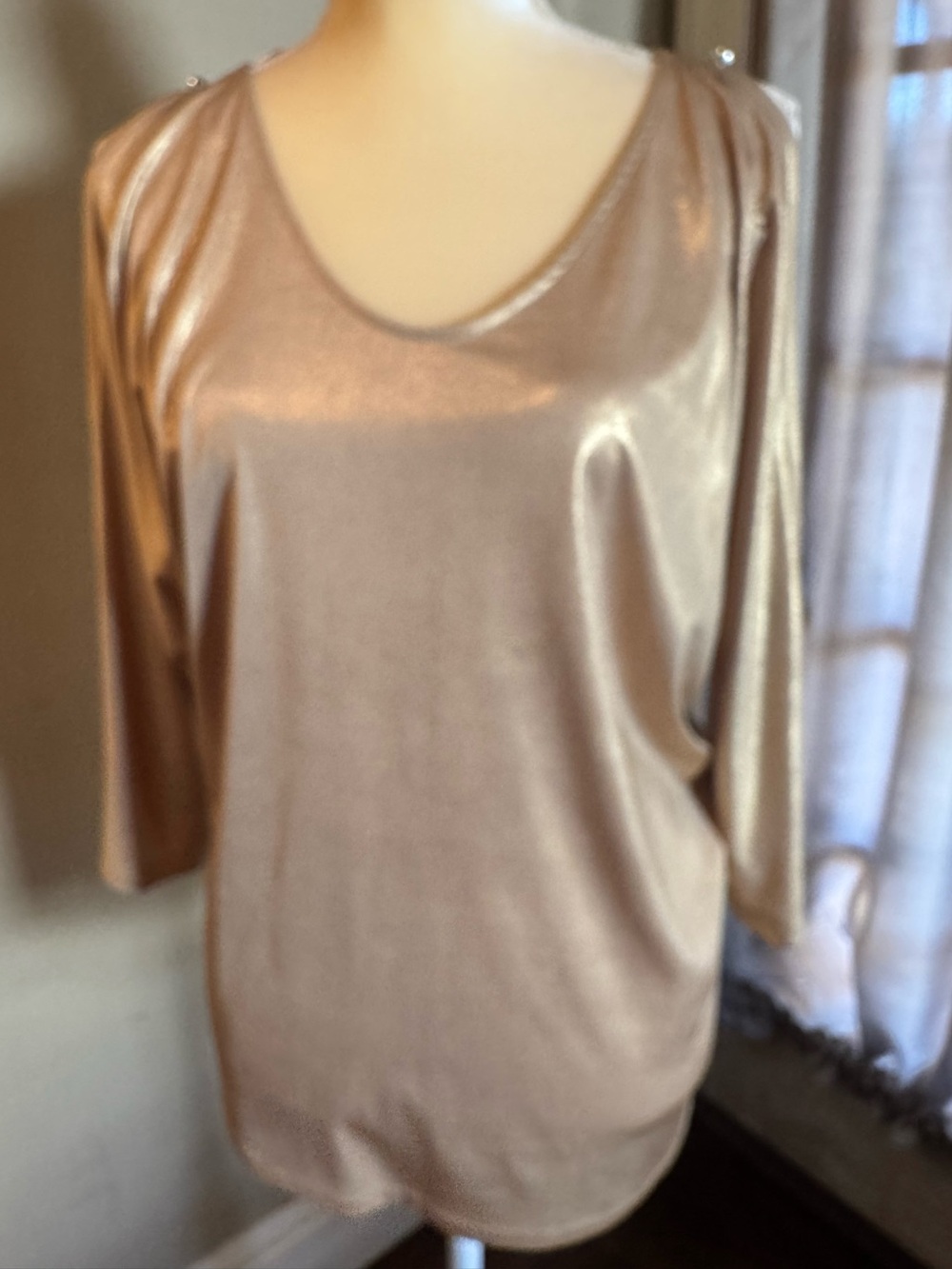 INC Metallic Taupe/Champagne Gold Scoop Neck Cold Shoulder Women's Top XL NWOT